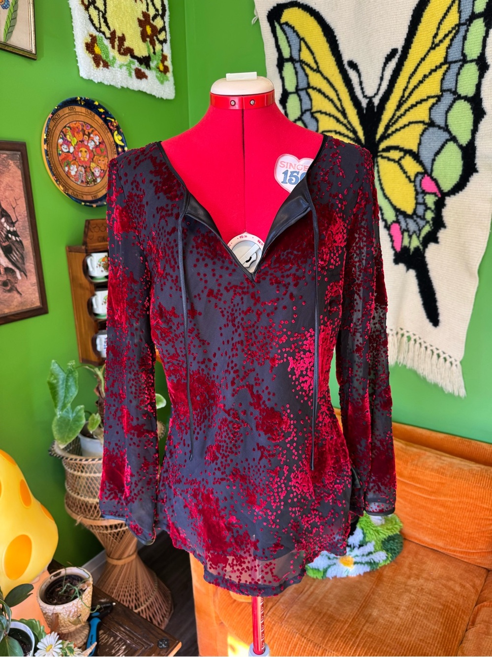 Velvet Burnout Red and Black Long Sleeve Top
